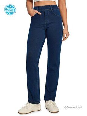 Stretchy Straight Leg Pull On Jeans for Women High Waisted Sweatpant Denim